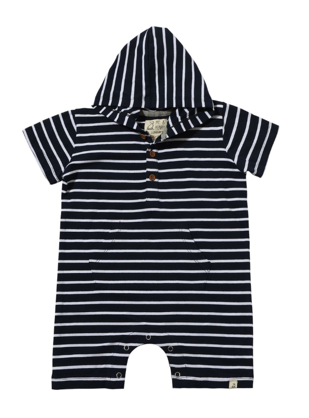 Charlie Hooded Romper | Navy & White Stripe