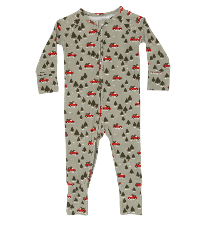 Red Christmas Trucks Small Ribbed Zip Romper