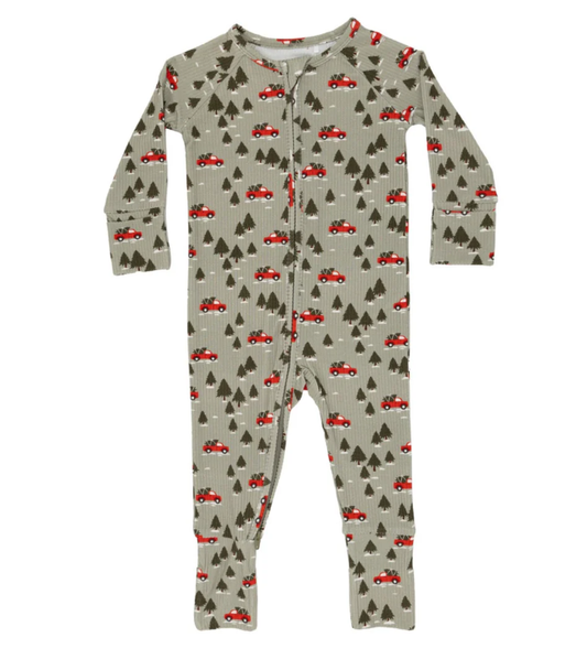 Red Christmas Trucks Small Ribbed Zip Romper