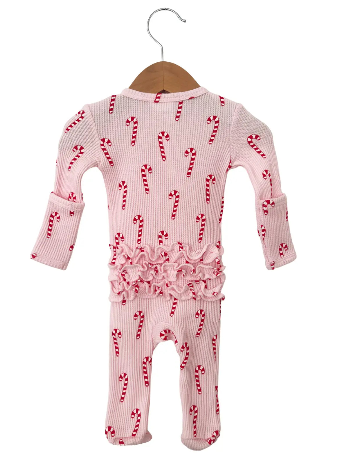 Organic Waffle Ruffle Zip Footie / Pink Candy Cane