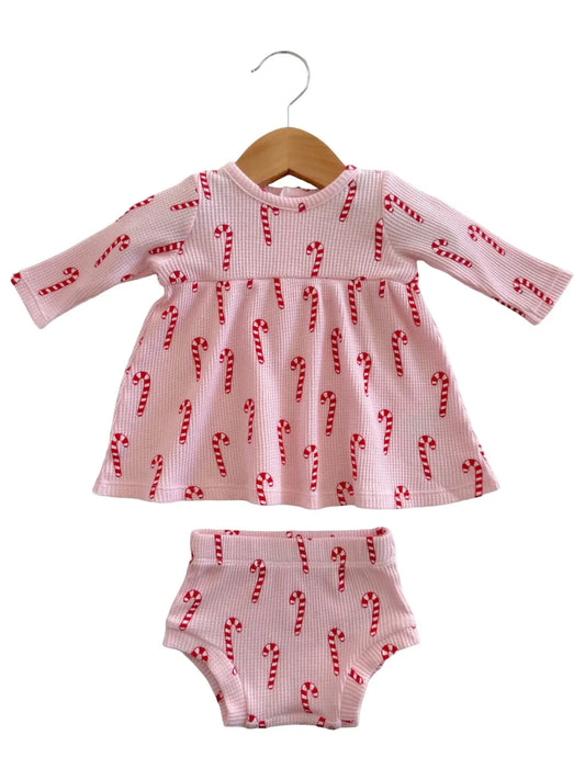 Organic Waffle Dress & Bloomer / Pink Candy Cane