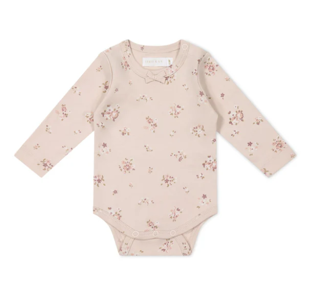 Organic Cotton Long Sleeve Bodysuit / Petite Fleur Soft Peony