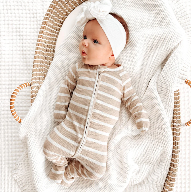 Tan Wide Stripe Small Ribbed Zip Romper