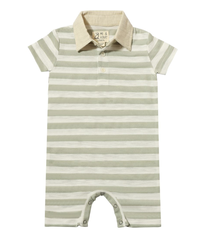 Saltash Polo Romper | Grey & White Stripe