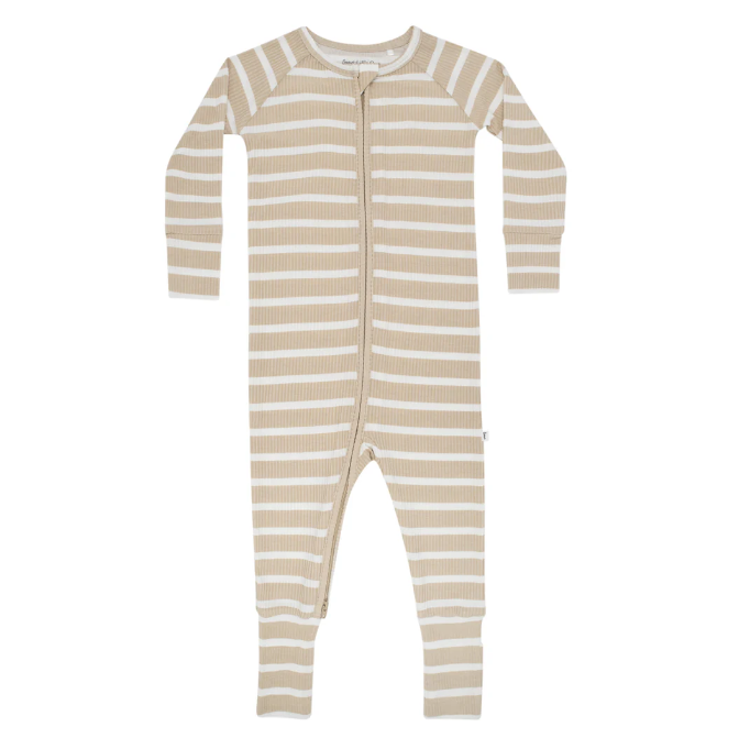 Tan Wide Stripe Small Ribbed Zip Romper