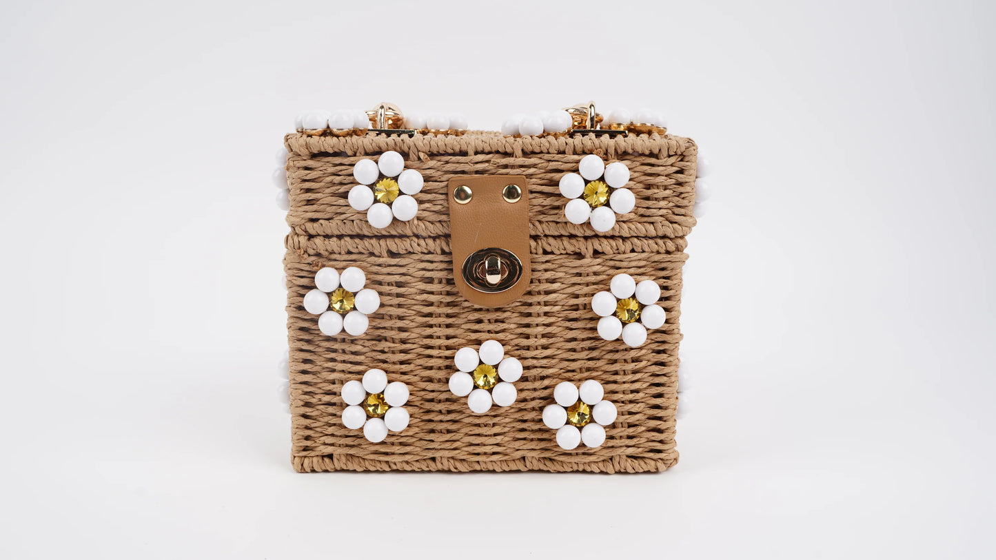 STANDARD Beaded Woven Rattan Daisy Purse - Tan