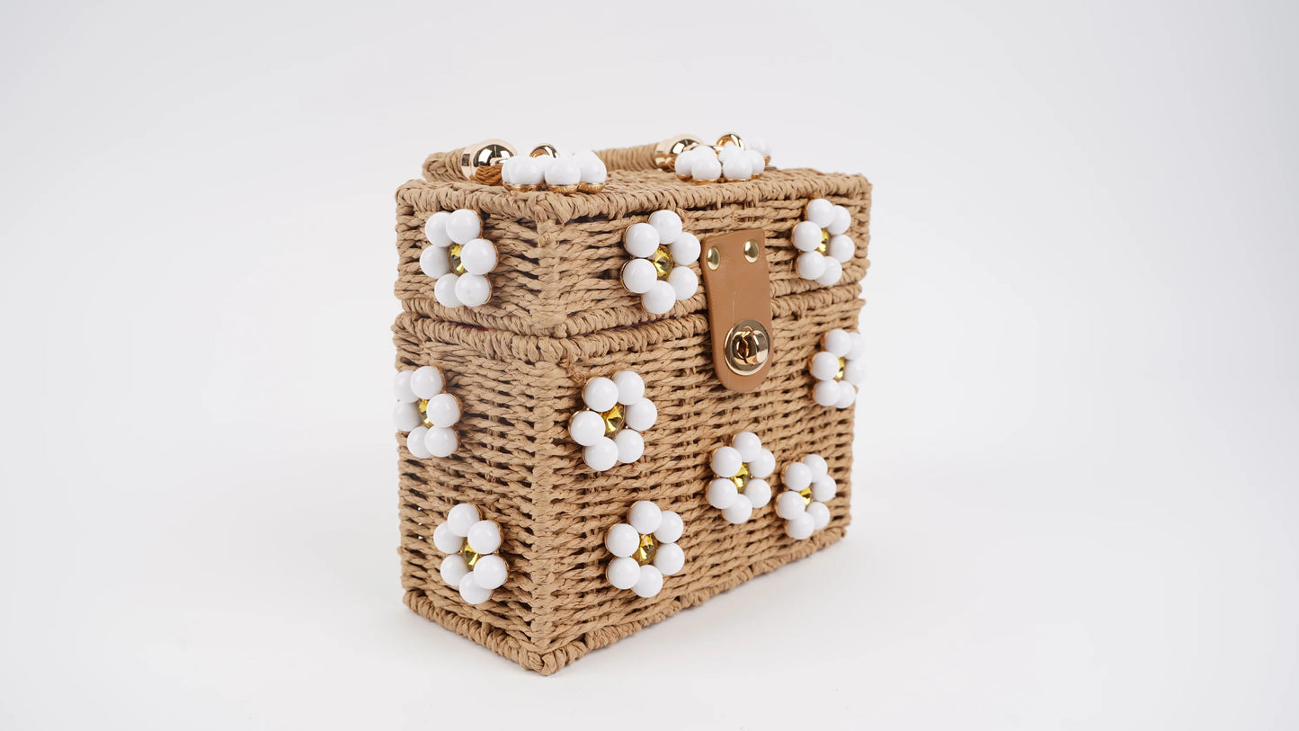 STANDARD Beaded Woven Rattan Daisy Purse - Tan