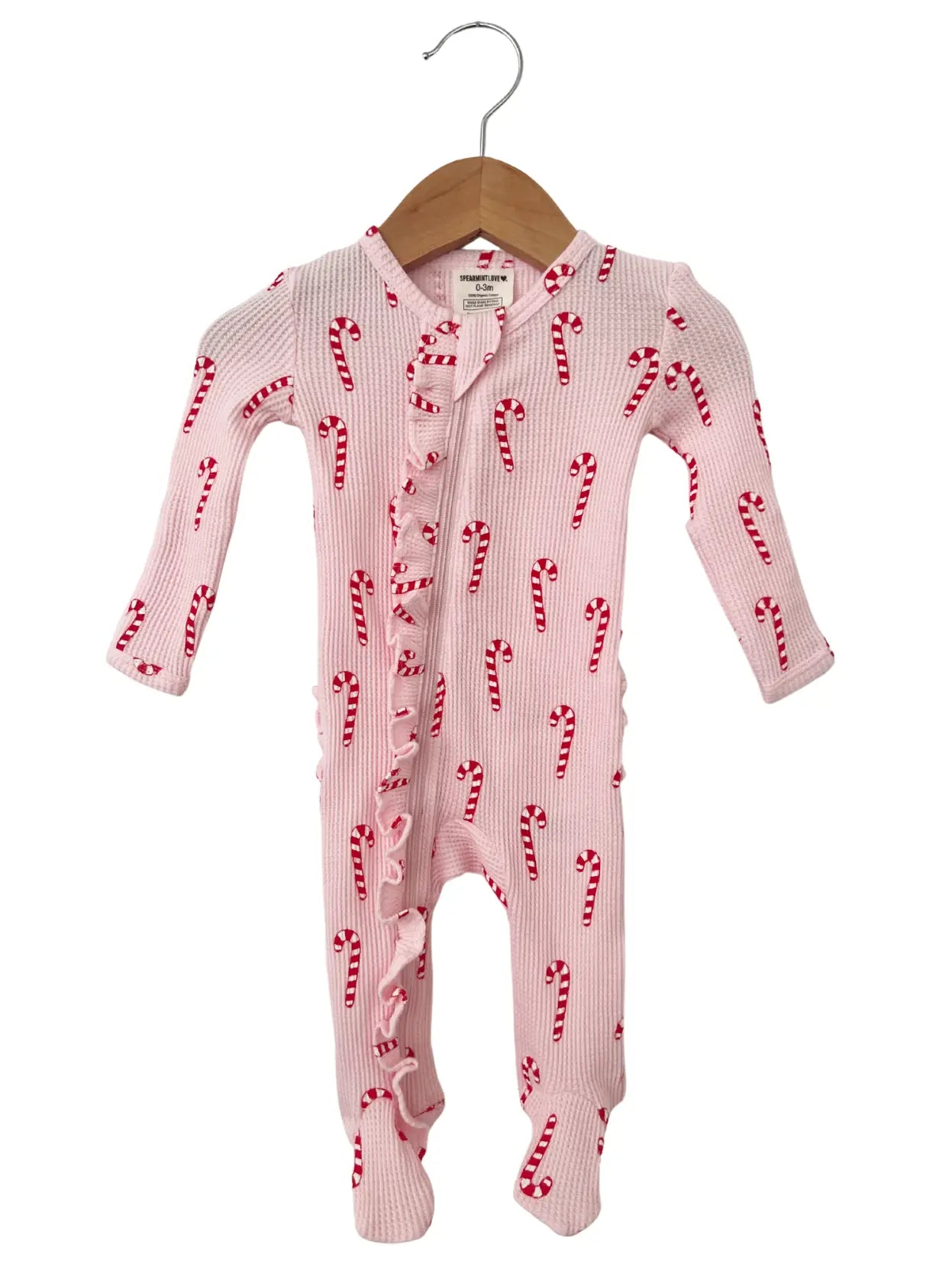 Organic Waffle Ruffle Zip Footie / Pink Candy Cane