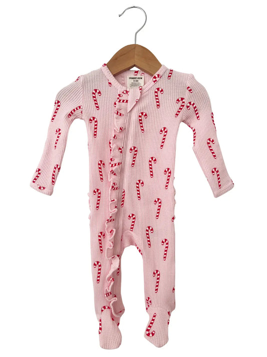 Organic Waffle Ruffle Zip Footie / Pink Candy Cane