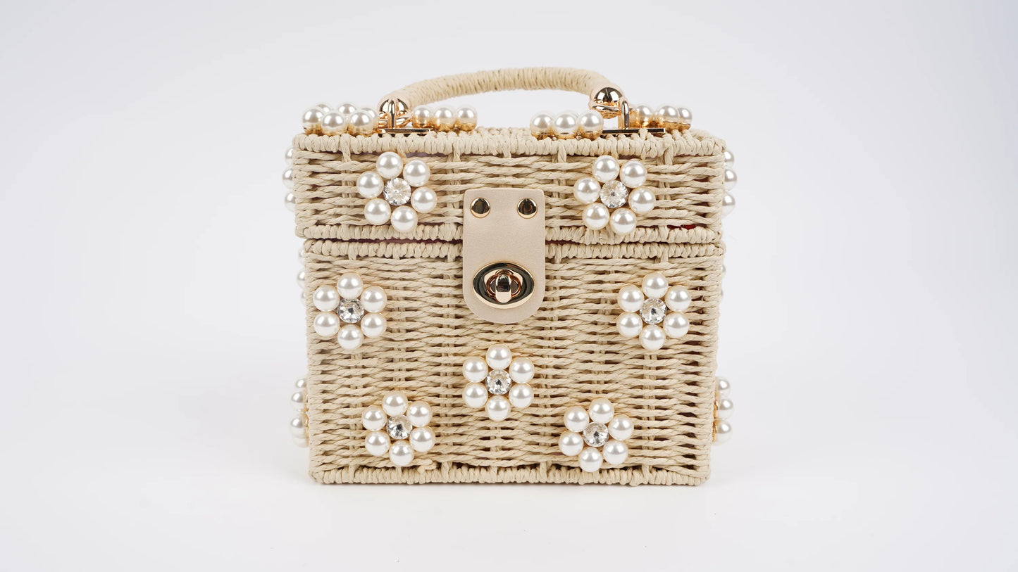 STANDARD Beaded Woven Rattan Daisy Purse - Pearl