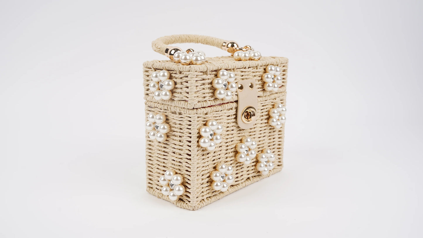 STANDARD Beaded Woven Rattan Daisy Purse - Pearl